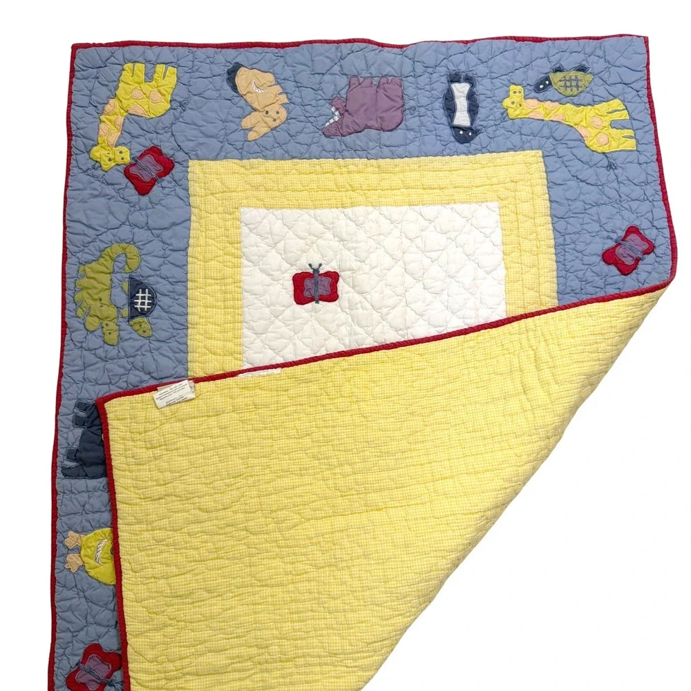 Pottery Barn Kids Baby Crib‎ Quilt Jungle Animal Zoo Blue Yellow Gingham